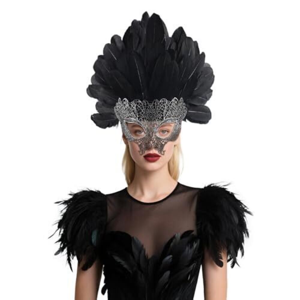 7481 halloween feather mask and - large masquerade mardi gras Fancy